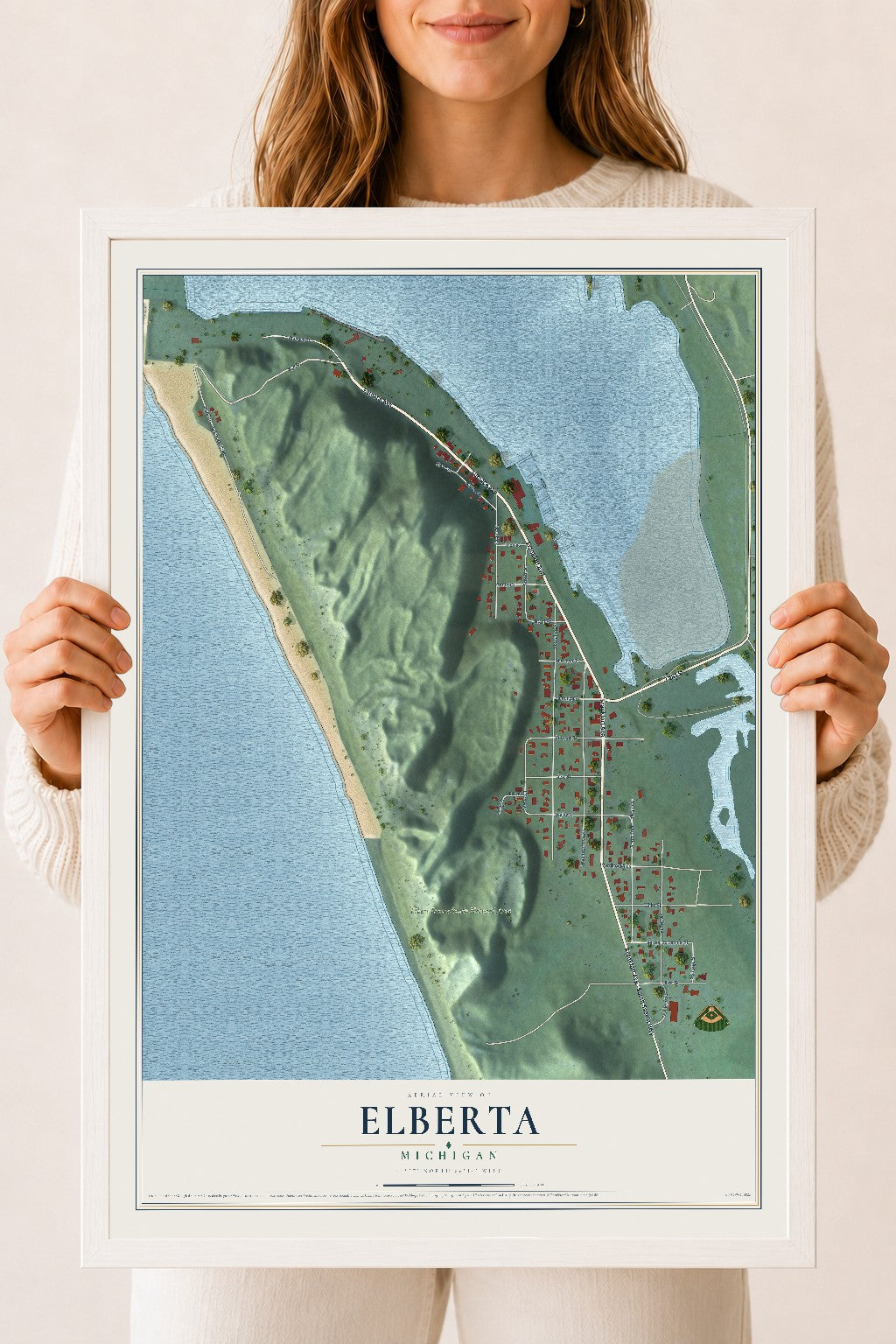Map of Elberta, Michigan, 18 x 24 inch print in a white wood frame