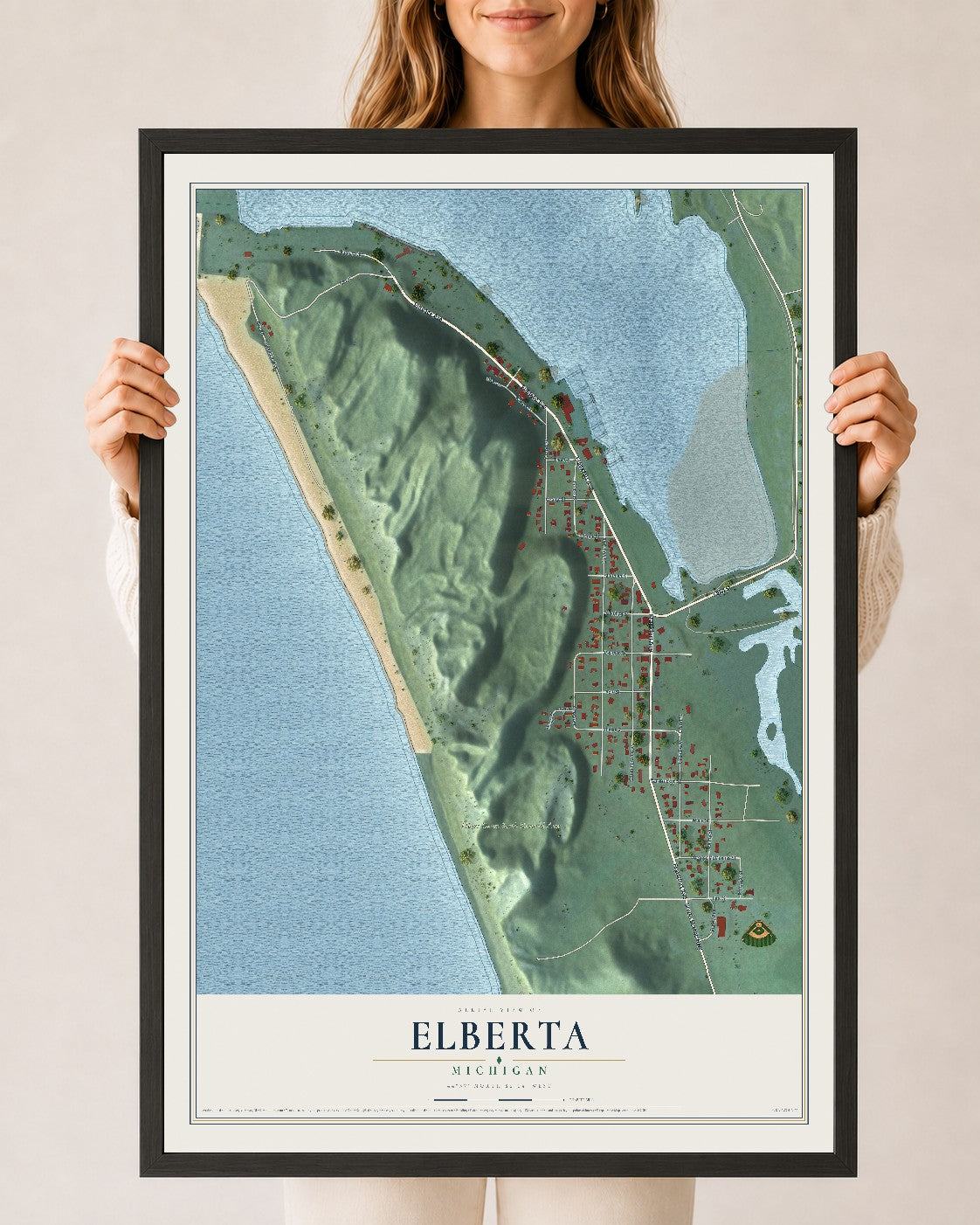 Map of Elberta, Michigan, 24 x 36 inch print in a black wood frame