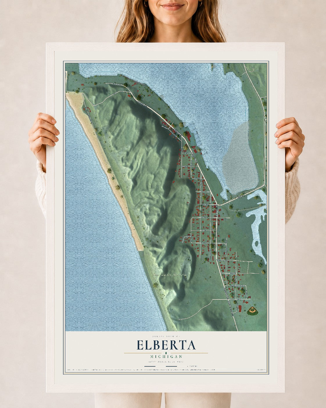 Map of Elberta, Michigan, 24 x 36 inch print in a white wood frame