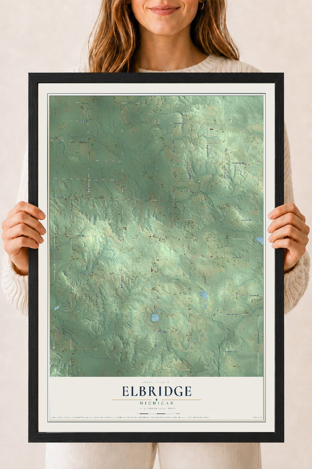 Map of Elbridge, Michigan, 18 x 24 inch print in a black wood frame