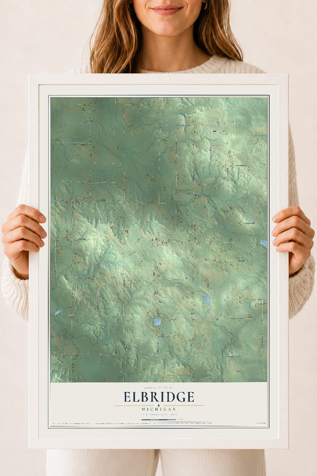 Map of Elbridge, Michigan, 18 x 24 inch print in a white wood frame