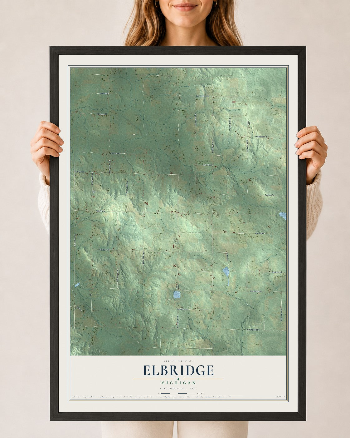 Map of Elbridge, Michigan, 24 x 36 inch print in a black wood frame