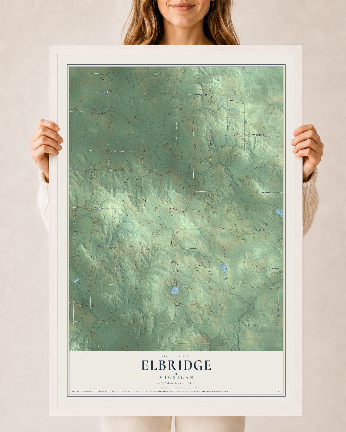 Map of Elbridge, Michigan, 24 x 36 inch print in a white wood frame