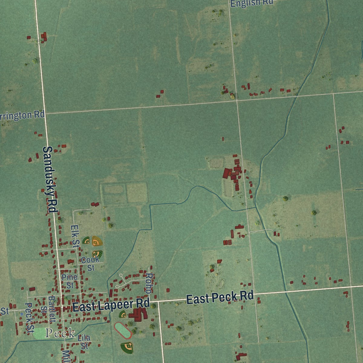 Close-up of the map of Elk, Sanilac County, Michigan print showing street and building detail