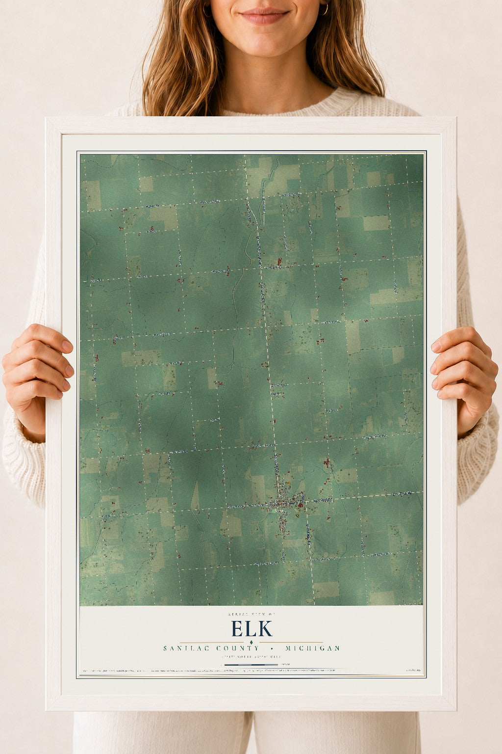 Map of Elk, Sanilac County, Michigan, 18 x 24 inch print in a white wood frame