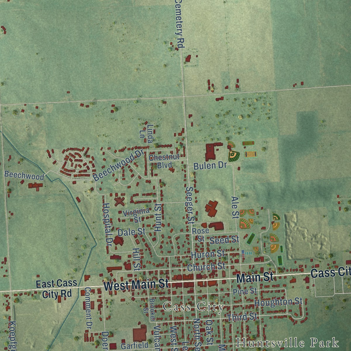 Close-up of the map of Elkland, Michigan print showing street and building detail