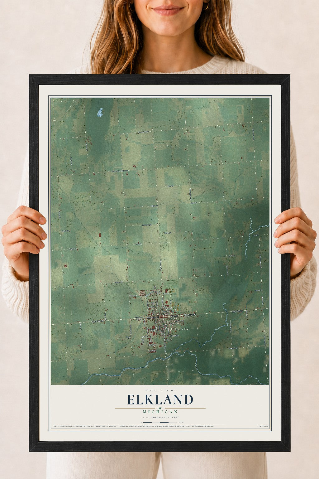 Map of Elkland, Michigan, 18 x 24 inch print in a black wood frame