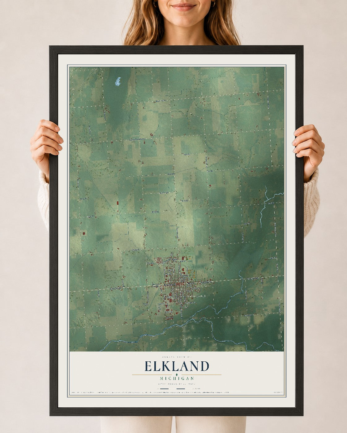 Map of Elkland, Michigan, 24 x 36 inch print in a black wood frame