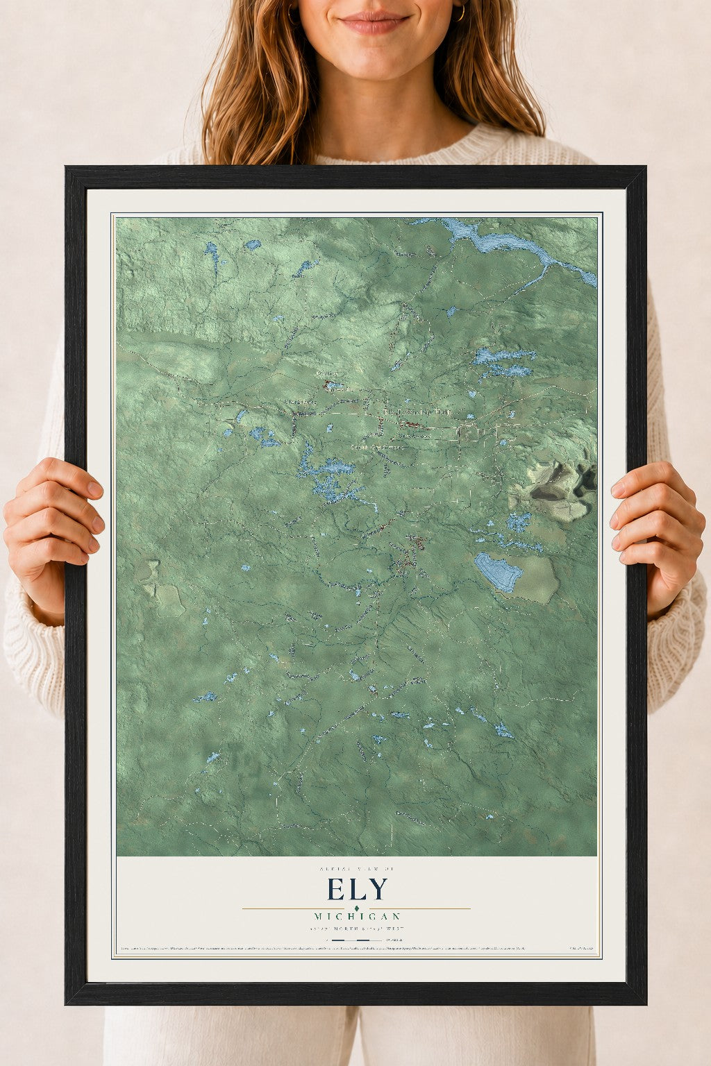 Map of Ely, Michigan, 18 x 24 inch print in a black wood frame