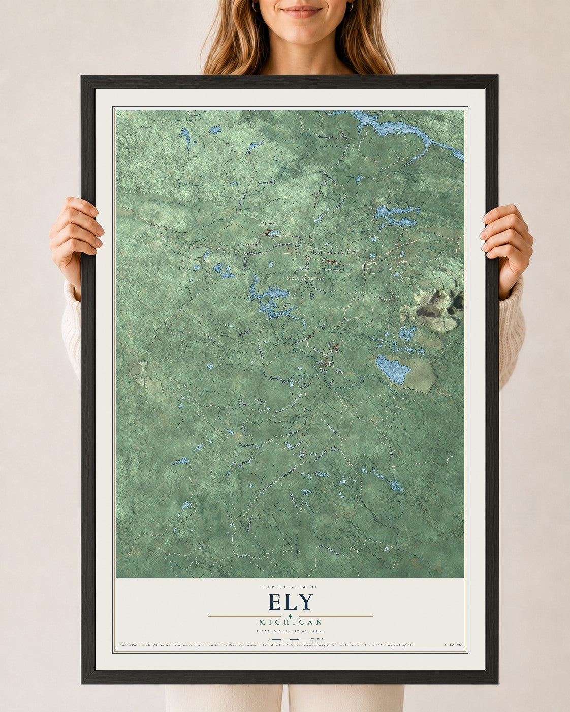 Map of Ely, Michigan, 24 x 36 inch print in a black wood frame