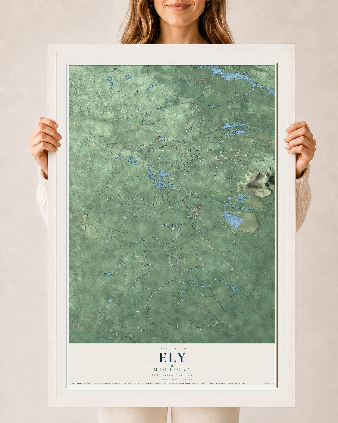 Map of Ely, Michigan, 24 x 36 inch print in a white wood frame