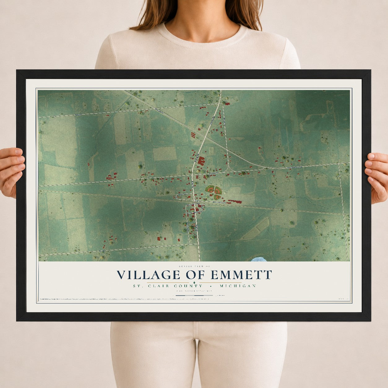 Map of Emmett, Michigan, 18 x 24 inch print in a black wood frame
