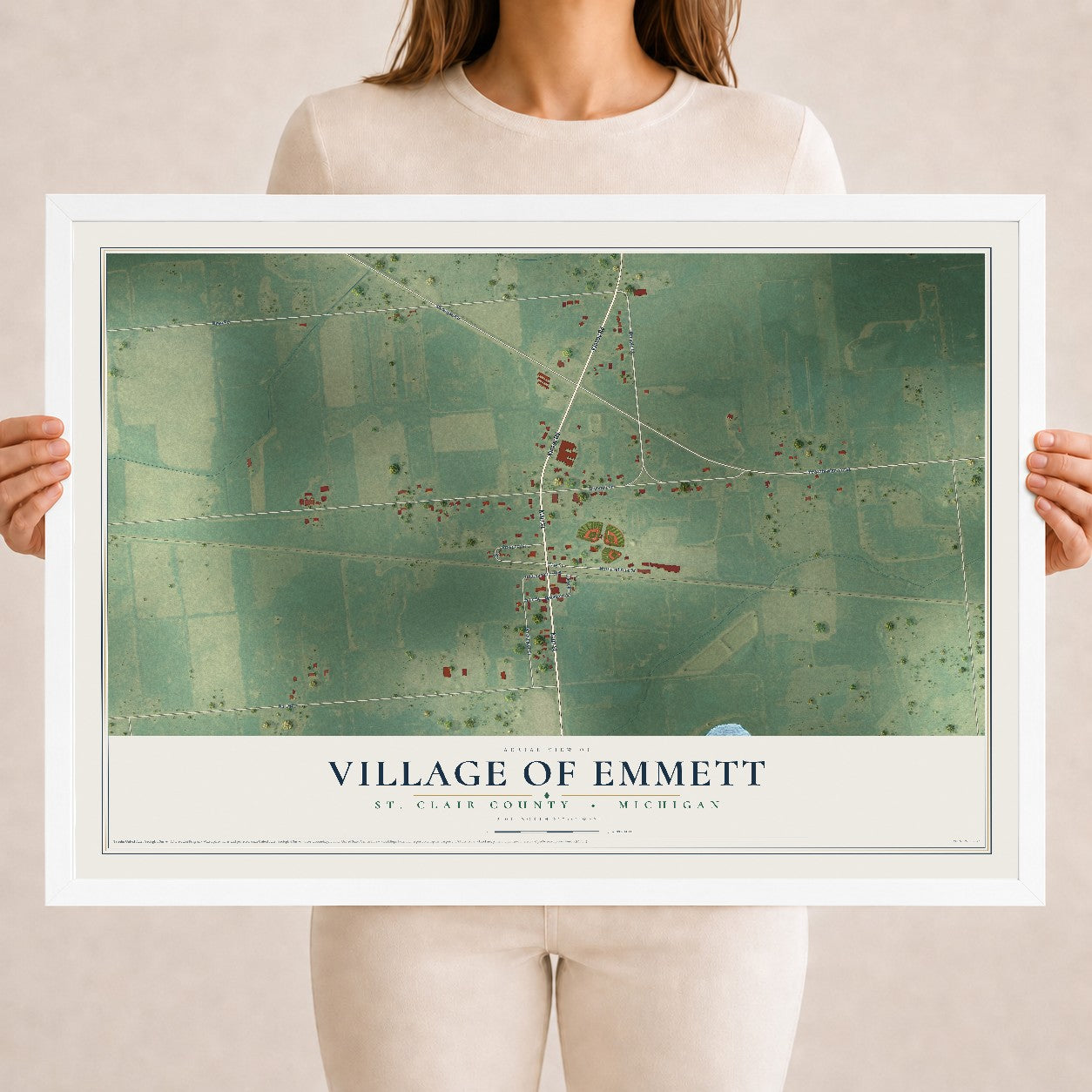 Map of Emmett, Michigan, 18 x 24 inch print in a white wood frame