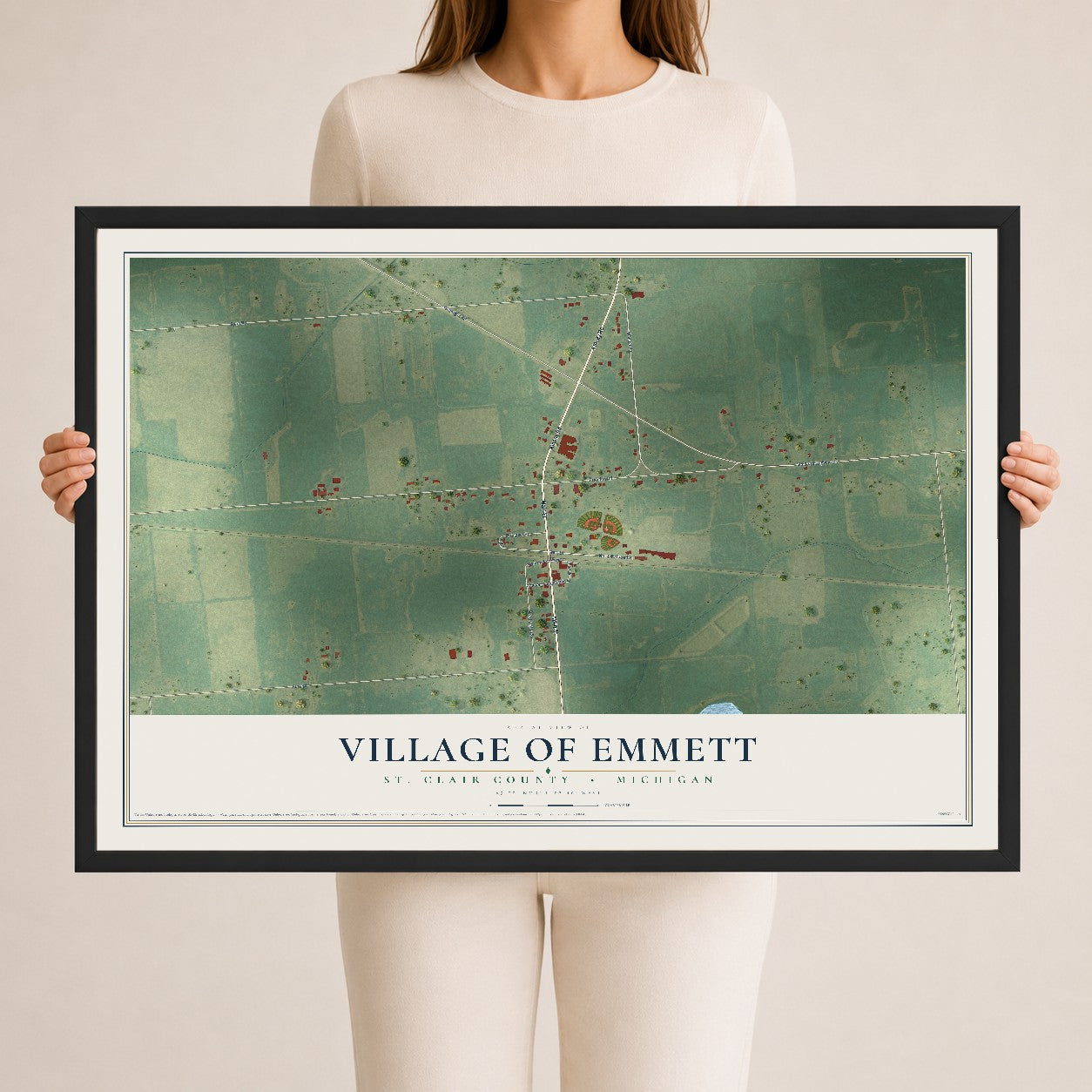 Map of Emmett, Michigan, 24 x 36 inch print in a black wood frame