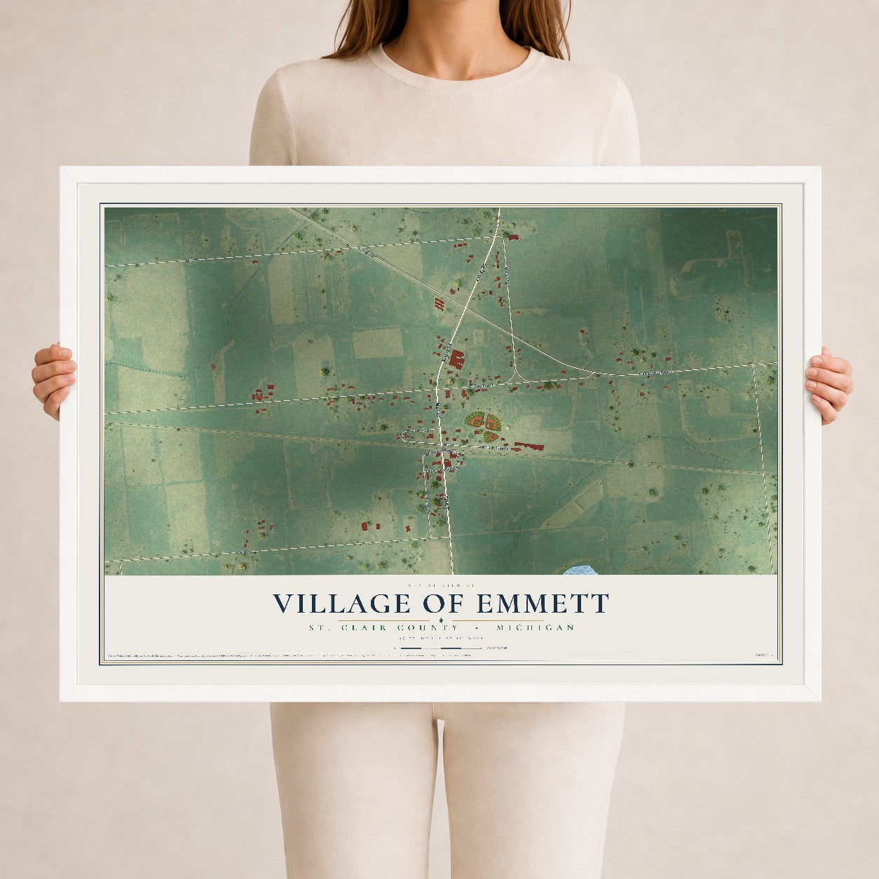 Map of Emmett, Michigan, 24 x 36 inch print in a white wood frame