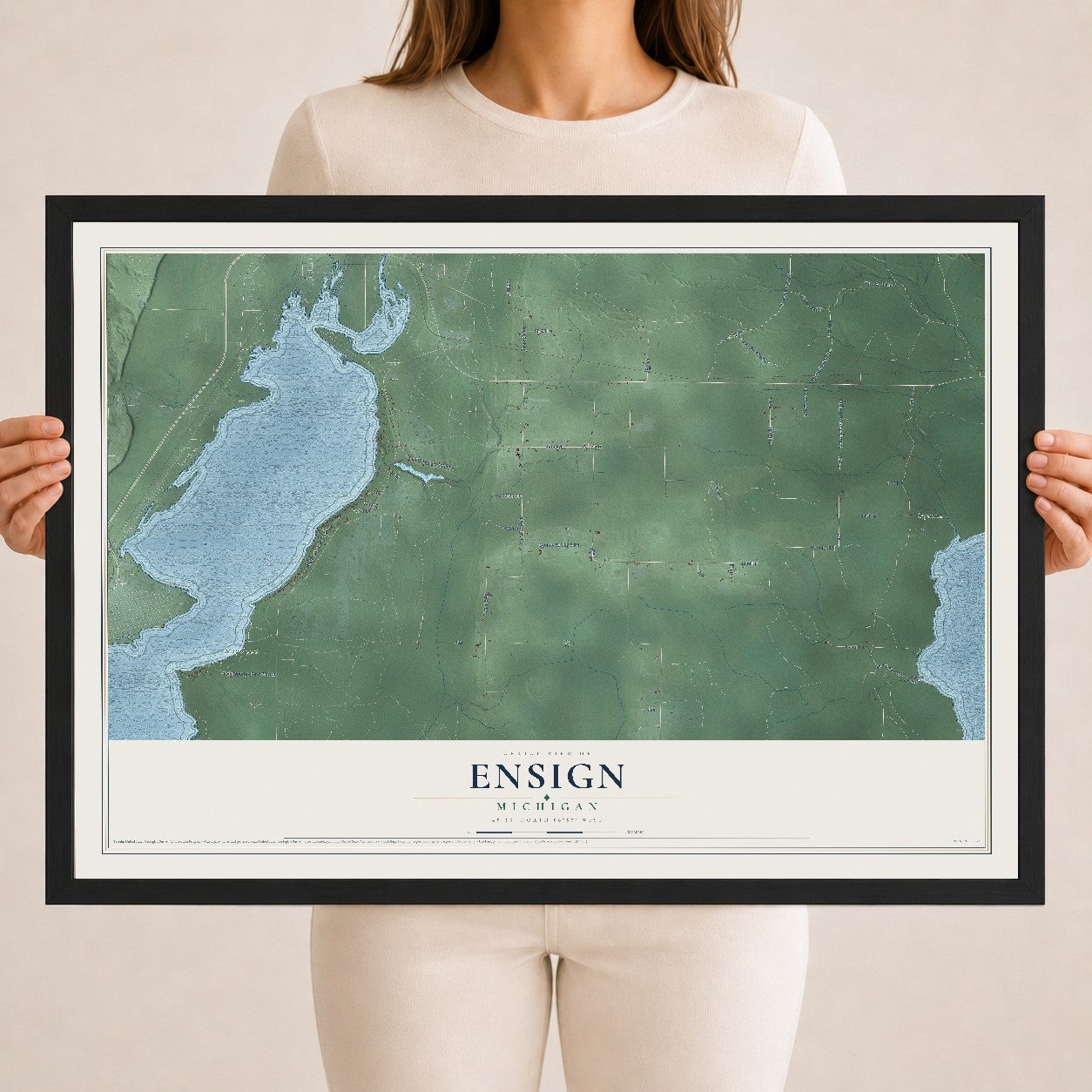 Map of Ensign, Michigan, 18 x 24 inch print in a black wood frame
