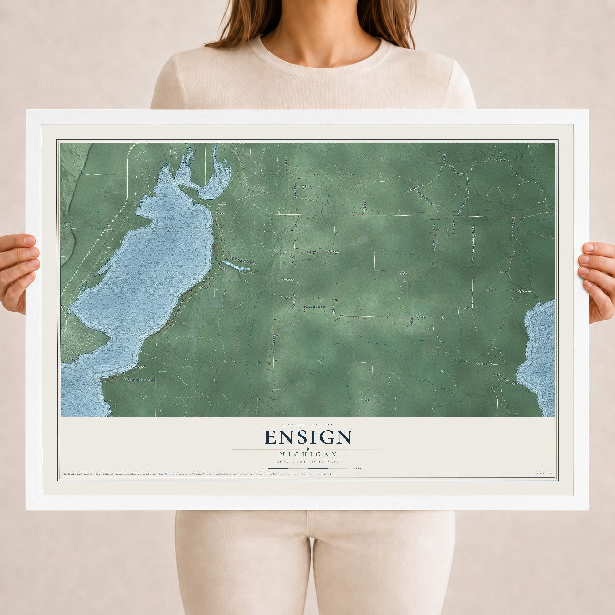 Map of Ensign, Michigan, 18 x 24 inch print in a white wood frame