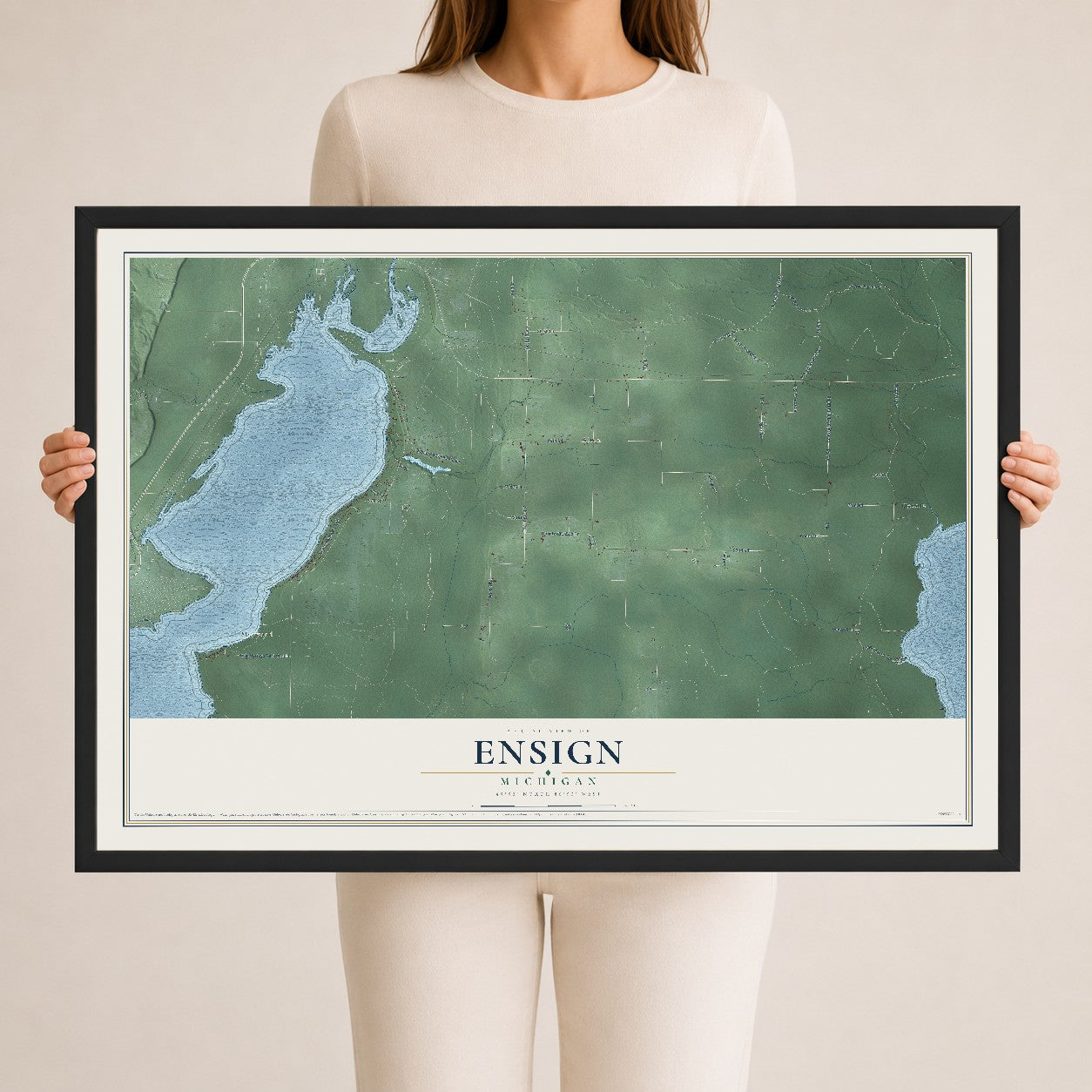 Map of Ensign, Michigan, 24 x 36 inch print in a black wood frame