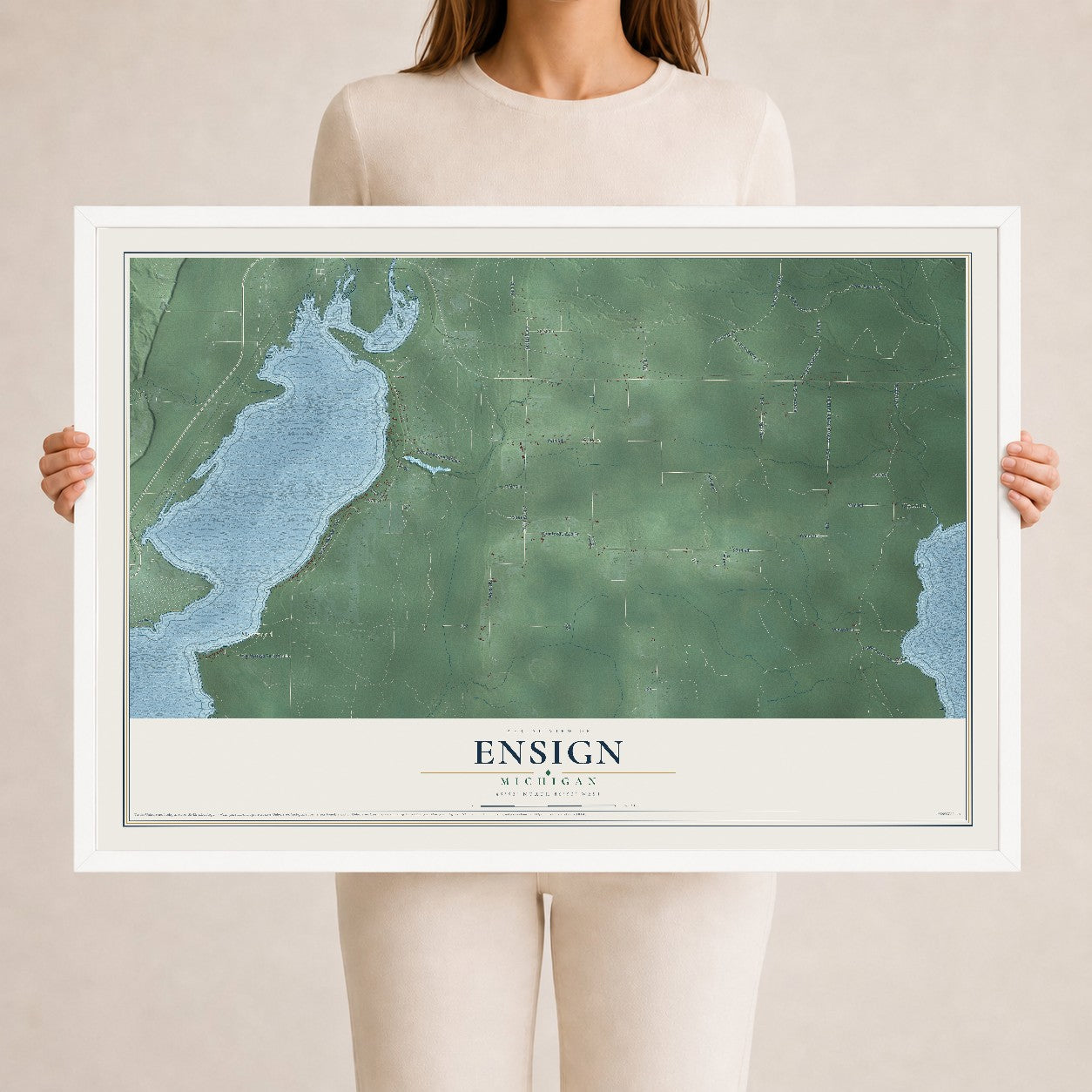 Map of Ensign, Michigan, 24 x 36 inch print in a white wood frame