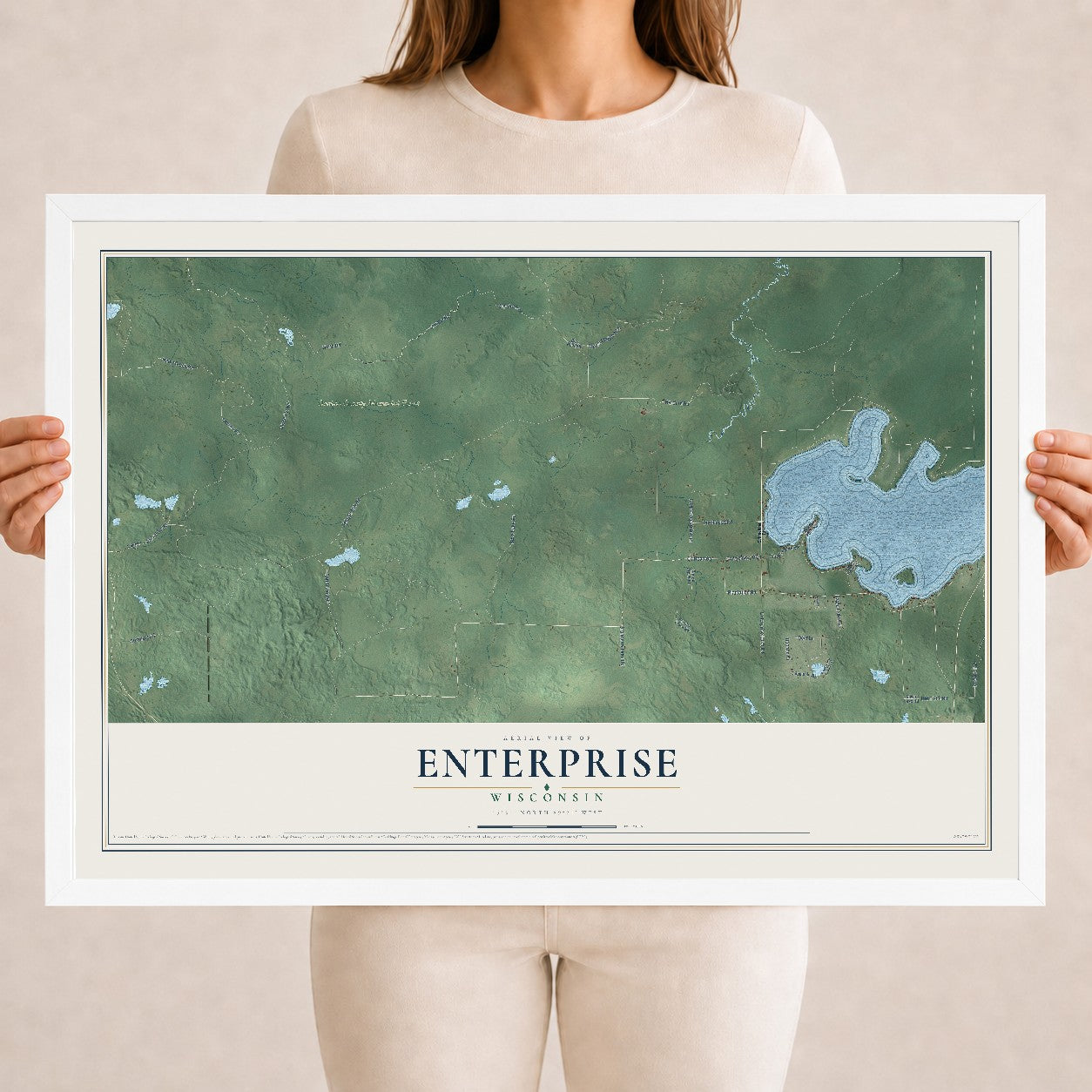 Map of Enterprise, Wisconsin, 18 x 24 inch print in a white wood frame