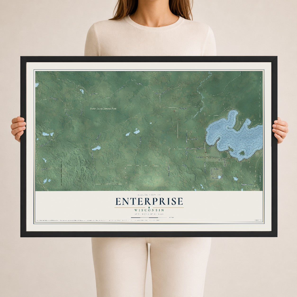 Map of Enterprise, Wisconsin, 24 x 36 inch print in a black wood frame