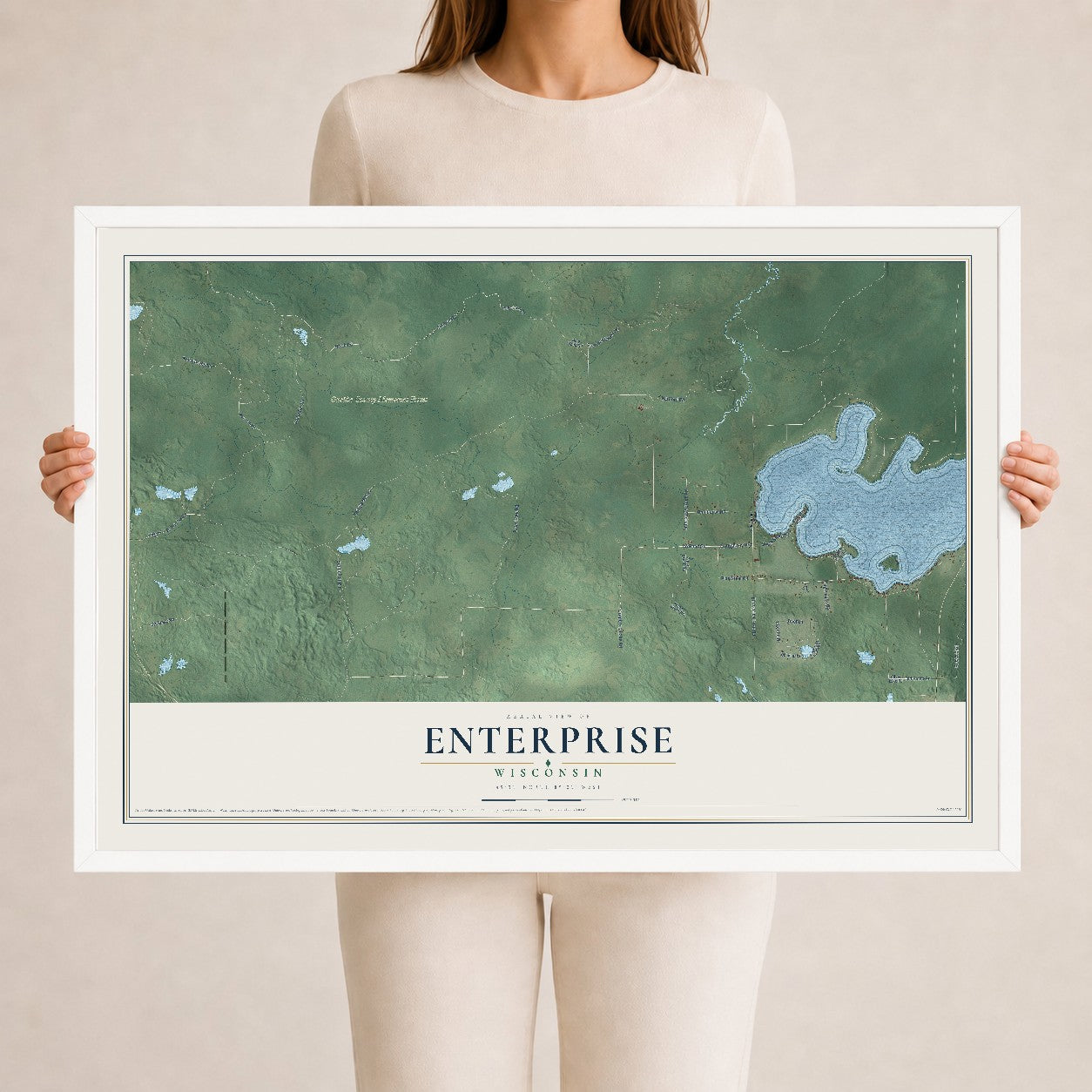 Map of Enterprise, Wisconsin, 24 x 36 inch print in a white wood frame