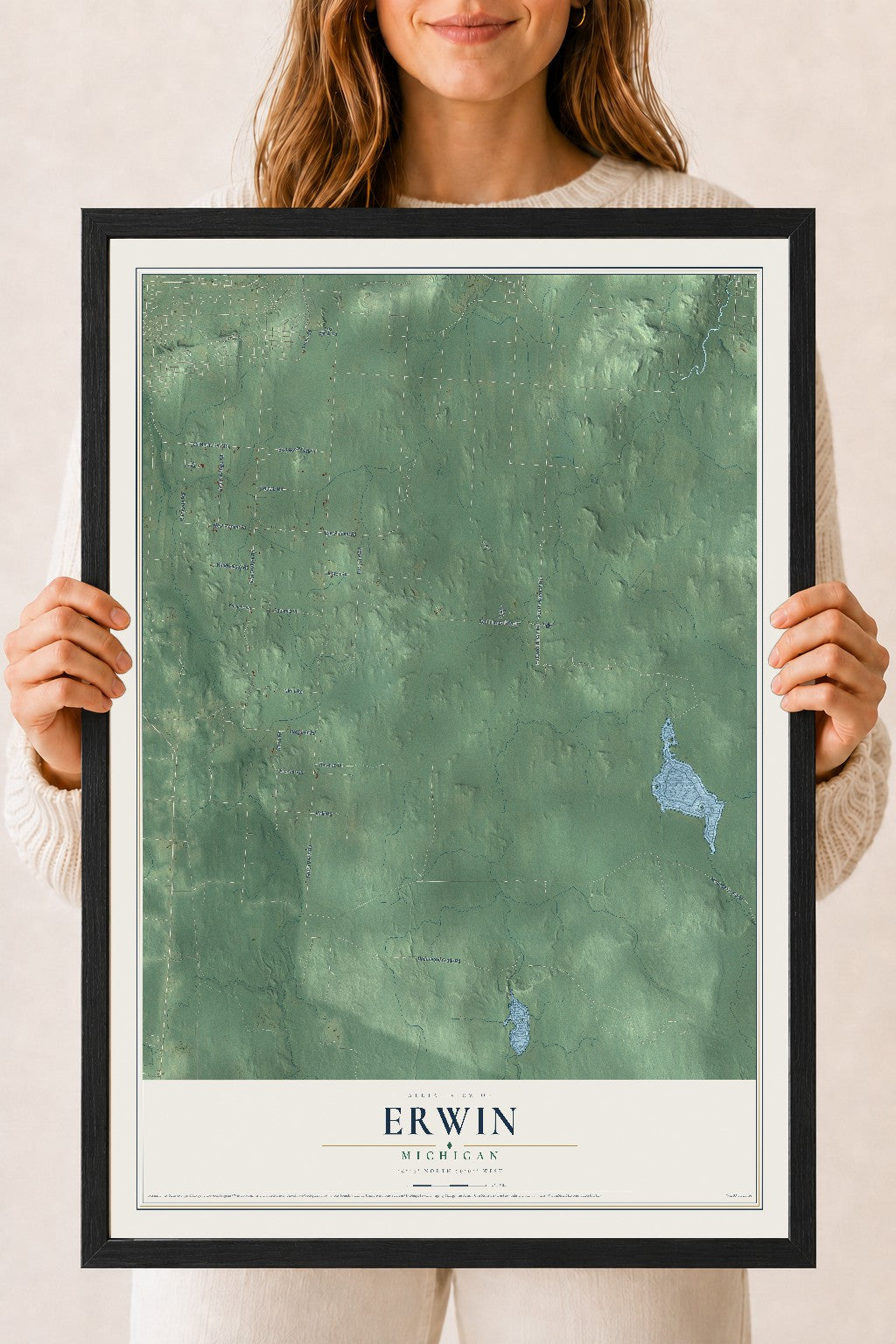 Map of Erwin, Michigan, 18 x 24 inch print in a black wood frame