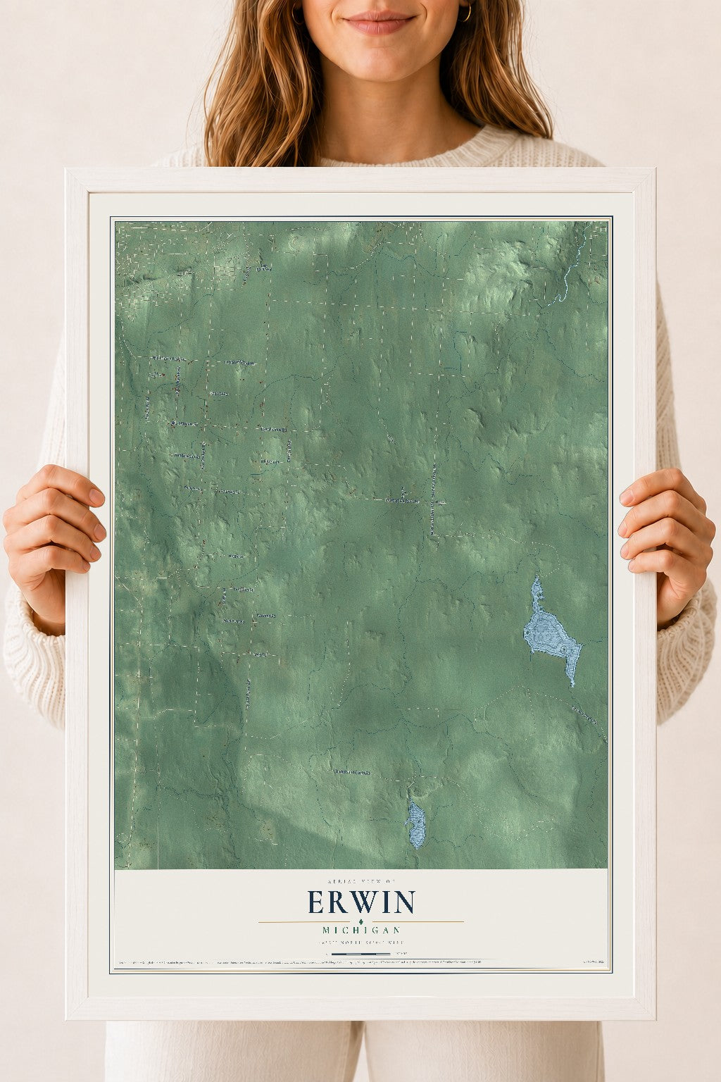 Map of Erwin, Michigan, 18 x 24 inch print in a white wood frame