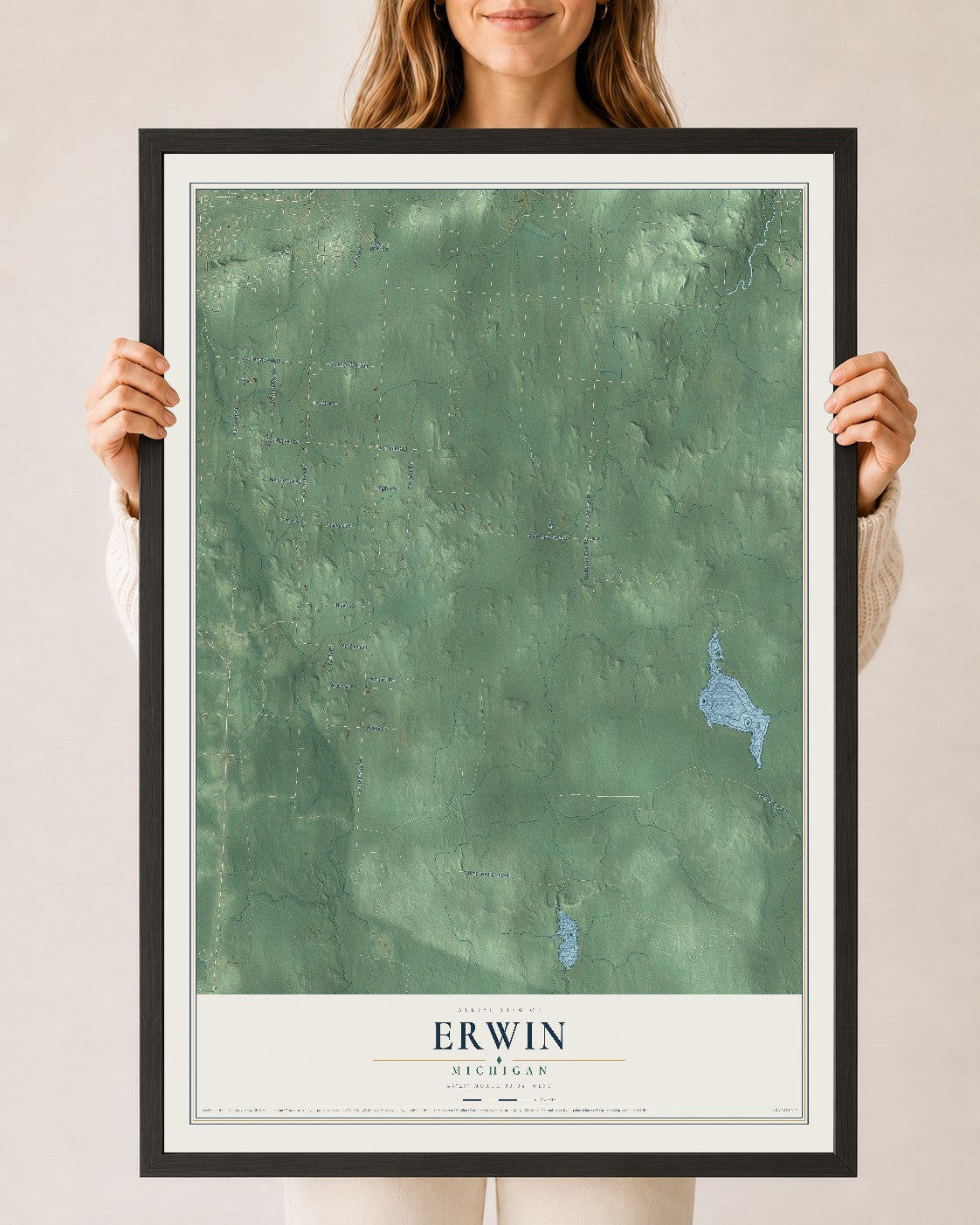 Map of Erwin, Michigan, 24 x 36 inch print in a black wood frame
