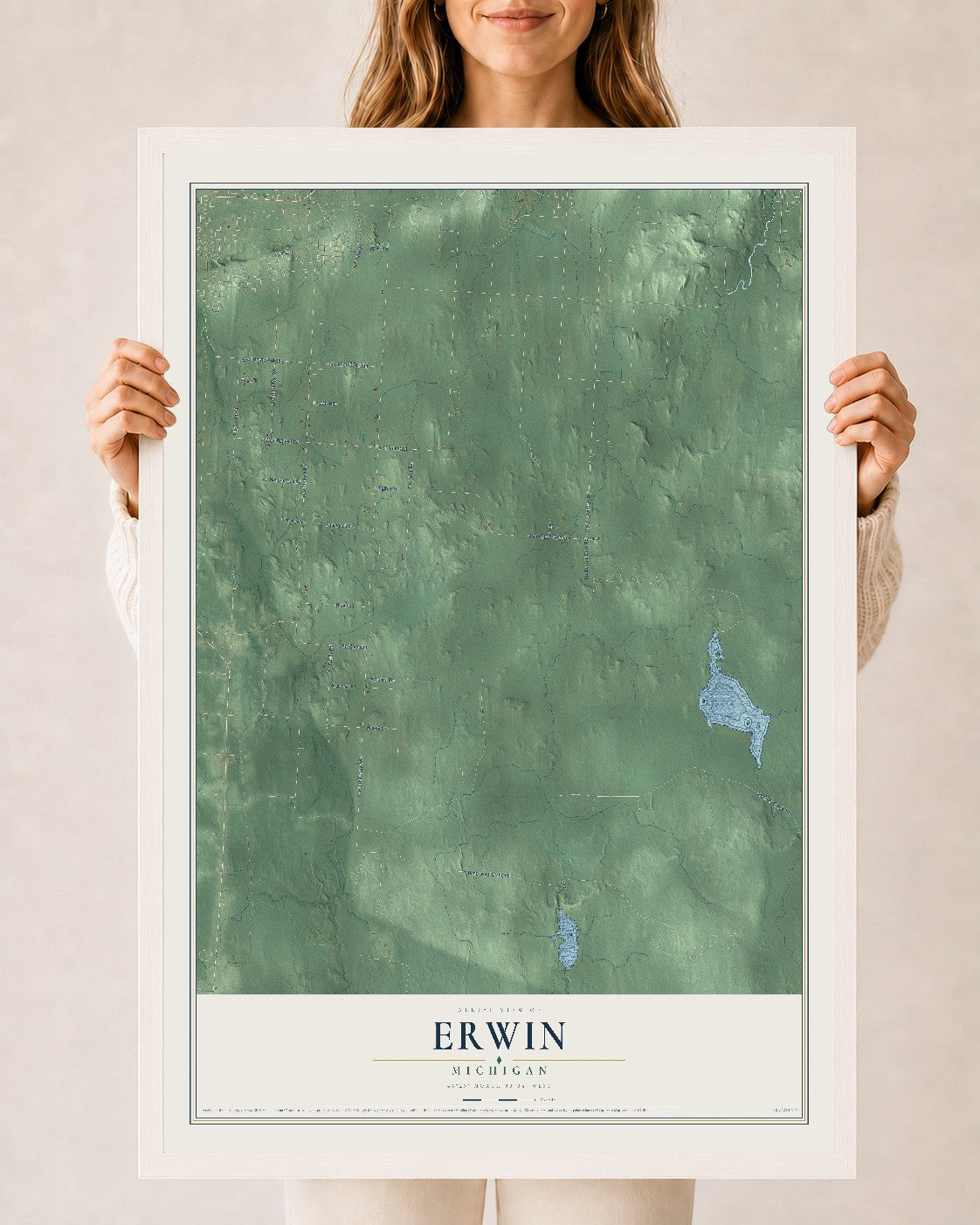 Map of Erwin, Michigan, 24 x 36 inch print in a white wood frame