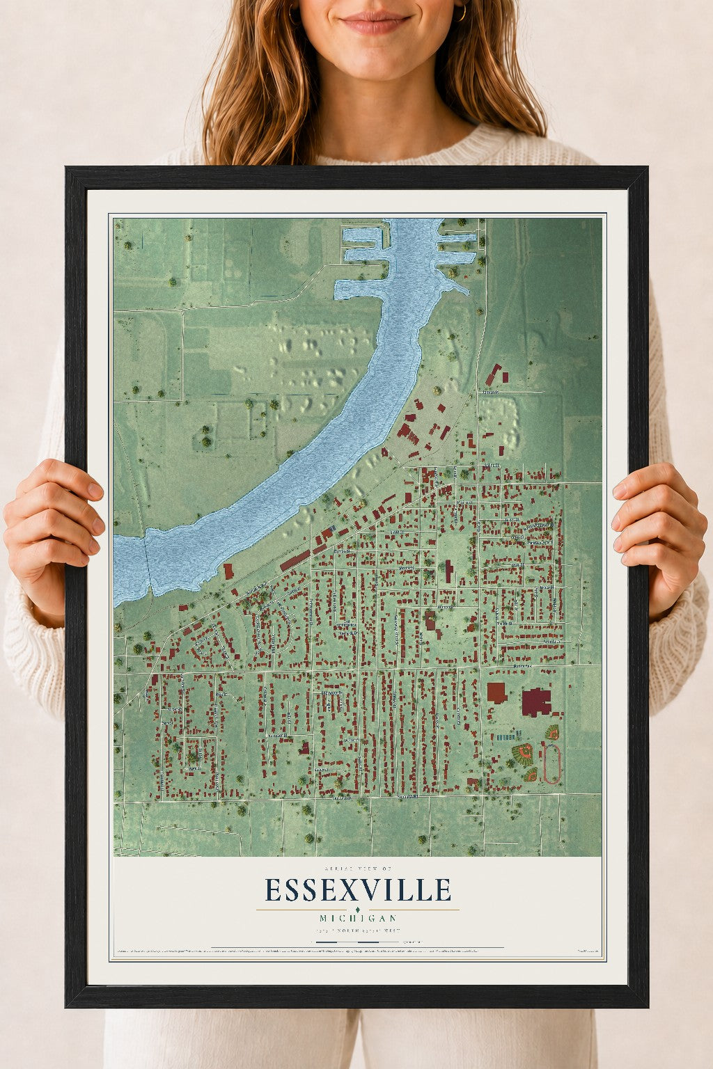 Map of Essexville, Michigan, 18 x 24 inch print in a black wood frame