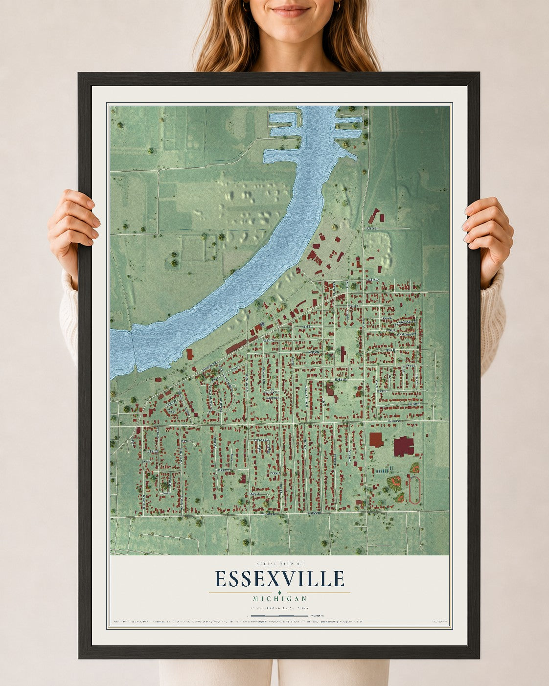 Map of Essexville, Michigan, 24 x 36 inch print in a black wood frame