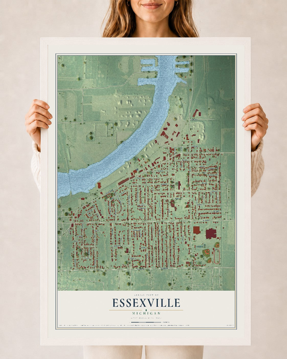 Map of Essexville, Michigan, 24 x 36 inch print in a white wood frame