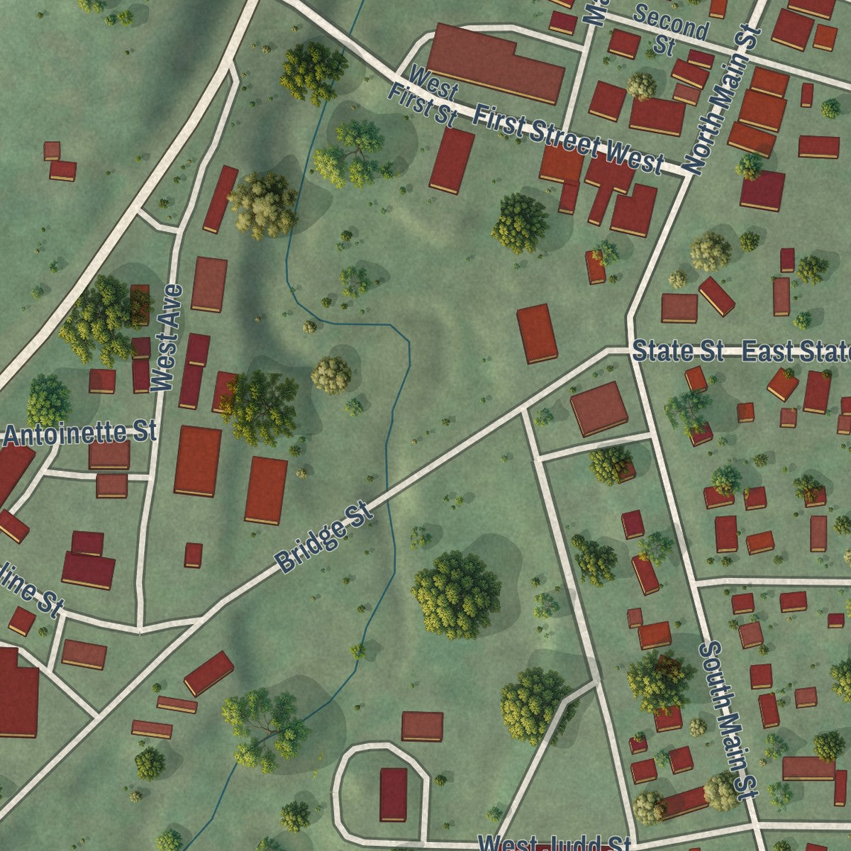 Close-up of the map of Ettrick, Wisconsin print showing street and building detail