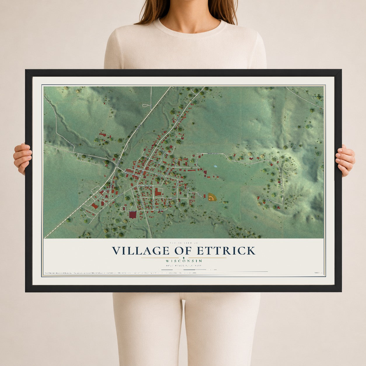 Map of Ettrick, Wisconsin, 24 x 36 inch print in a black wood frame