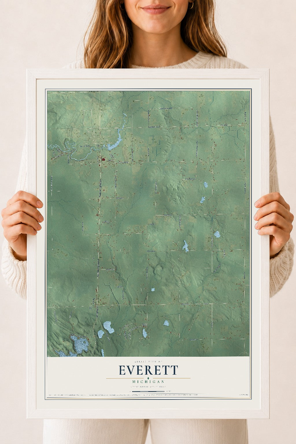 Map of Everett, Michigan, 18 x 24 inch print in a white wood frame