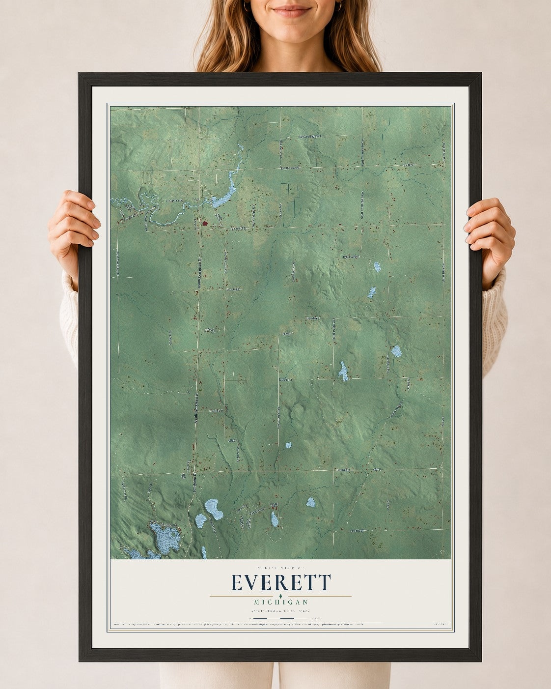 Map of Everett, Michigan, 24 x 36 inch print in a black wood frame