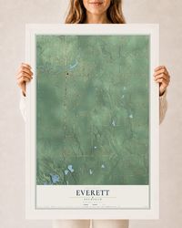 Map of Everett, Michigan, 24 x 36 inch print in a white wood frame