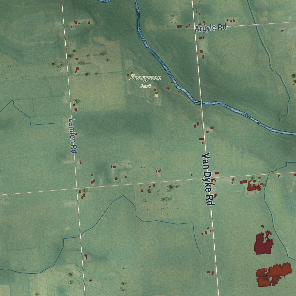 Close-up of the map of Evergreen, Sanilac County, Michigan print showing street and building detail