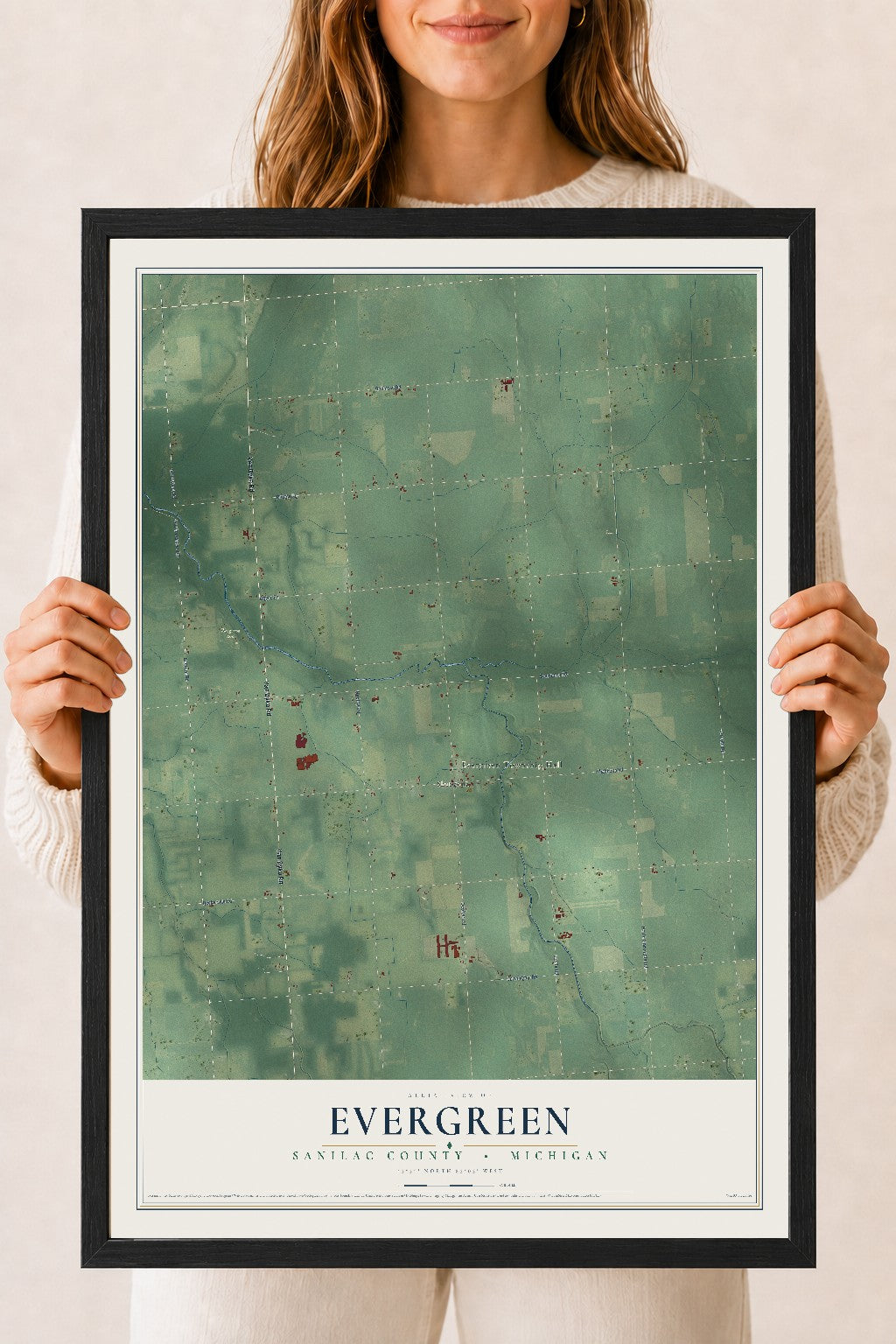 Map of Evergreen, Sanilac County, Michigan, 18 x 24 inch print in a black wood frame