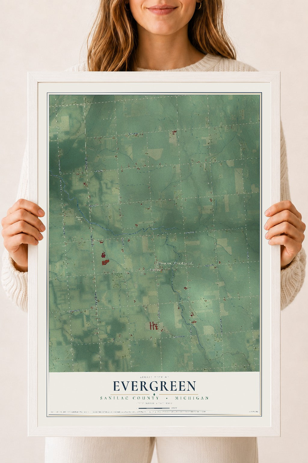 Map of Evergreen, Sanilac County, Michigan, 18 x 24 inch print in a white wood frame