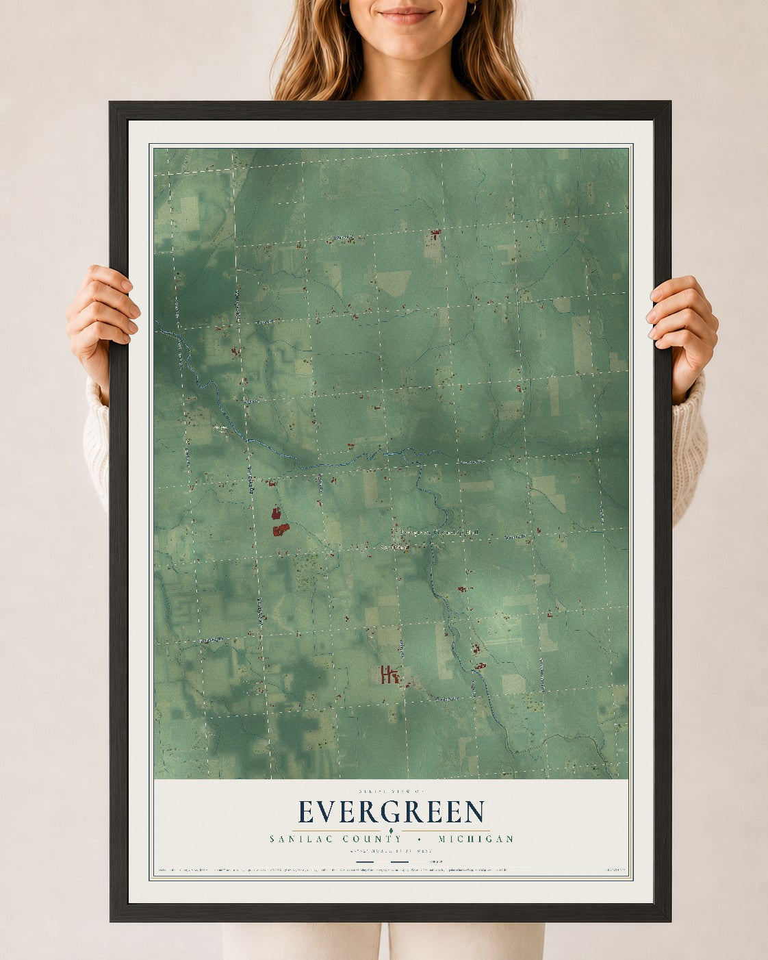 Map of Evergreen, Sanilac County, Michigan, 24 x 36 inch print in a black wood frame