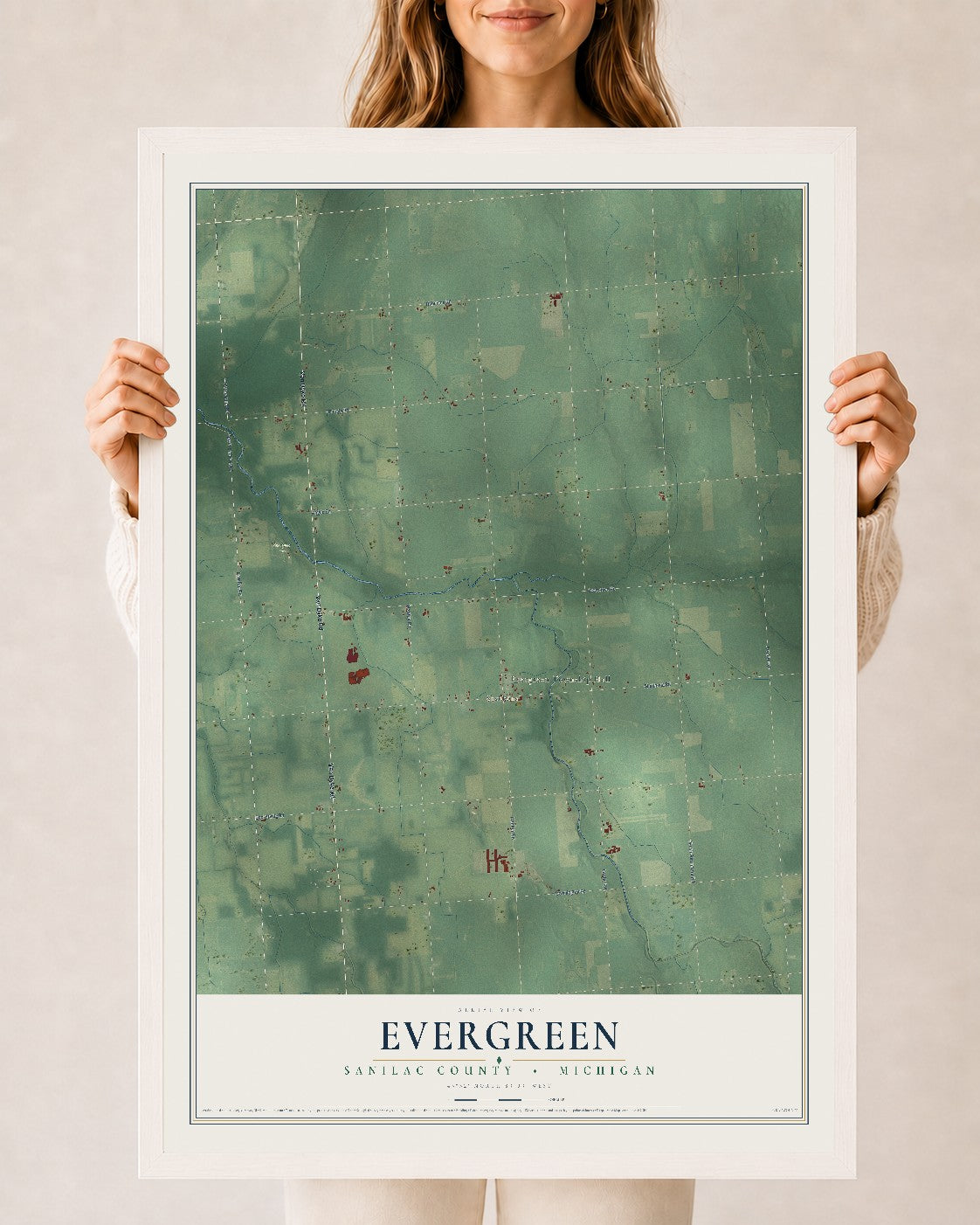 Map of Evergreen, Sanilac County, Michigan, 24 x 36 inch print in a white wood frame