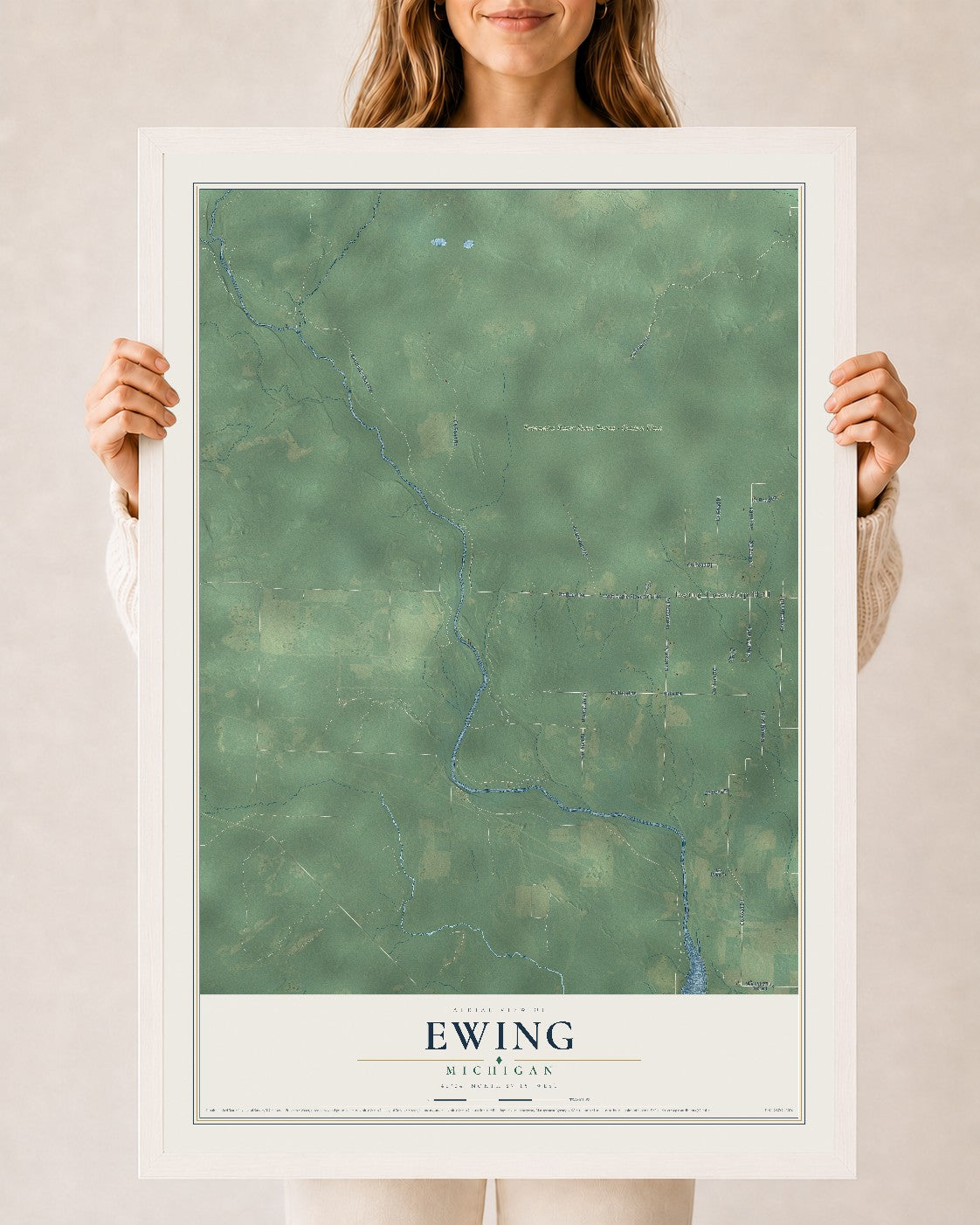 Map of Ewing, Michigan, 24 x 36 inch print in a white wood frame