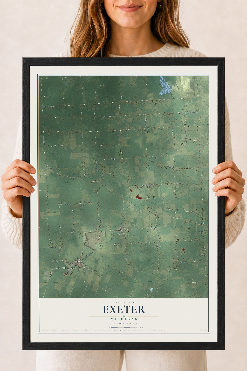 Map of Exeter, Michigan, 18 x 24 inch print in a black wood frame