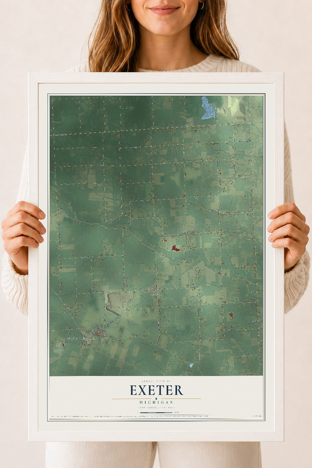 Map of Exeter, Michigan, 18 x 24 inch print in a white wood frame