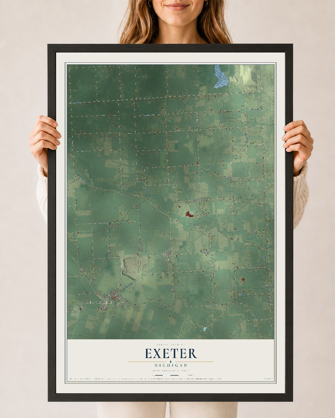 Map of Exeter, Michigan, 24 x 36 inch print in a black wood frame
