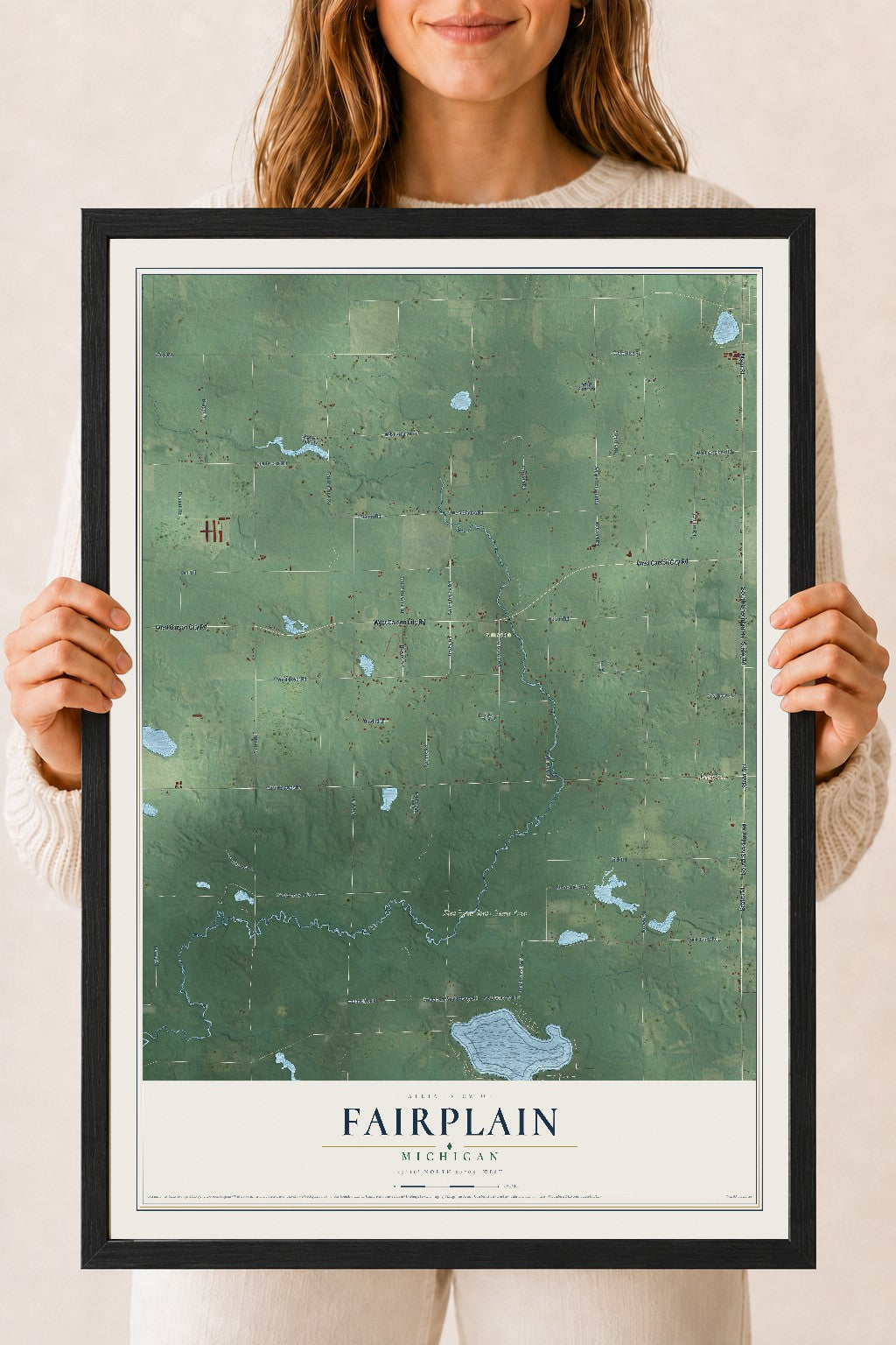 Map of Fairplain, Michigan, 18 x 24 inch print in a black wood frame