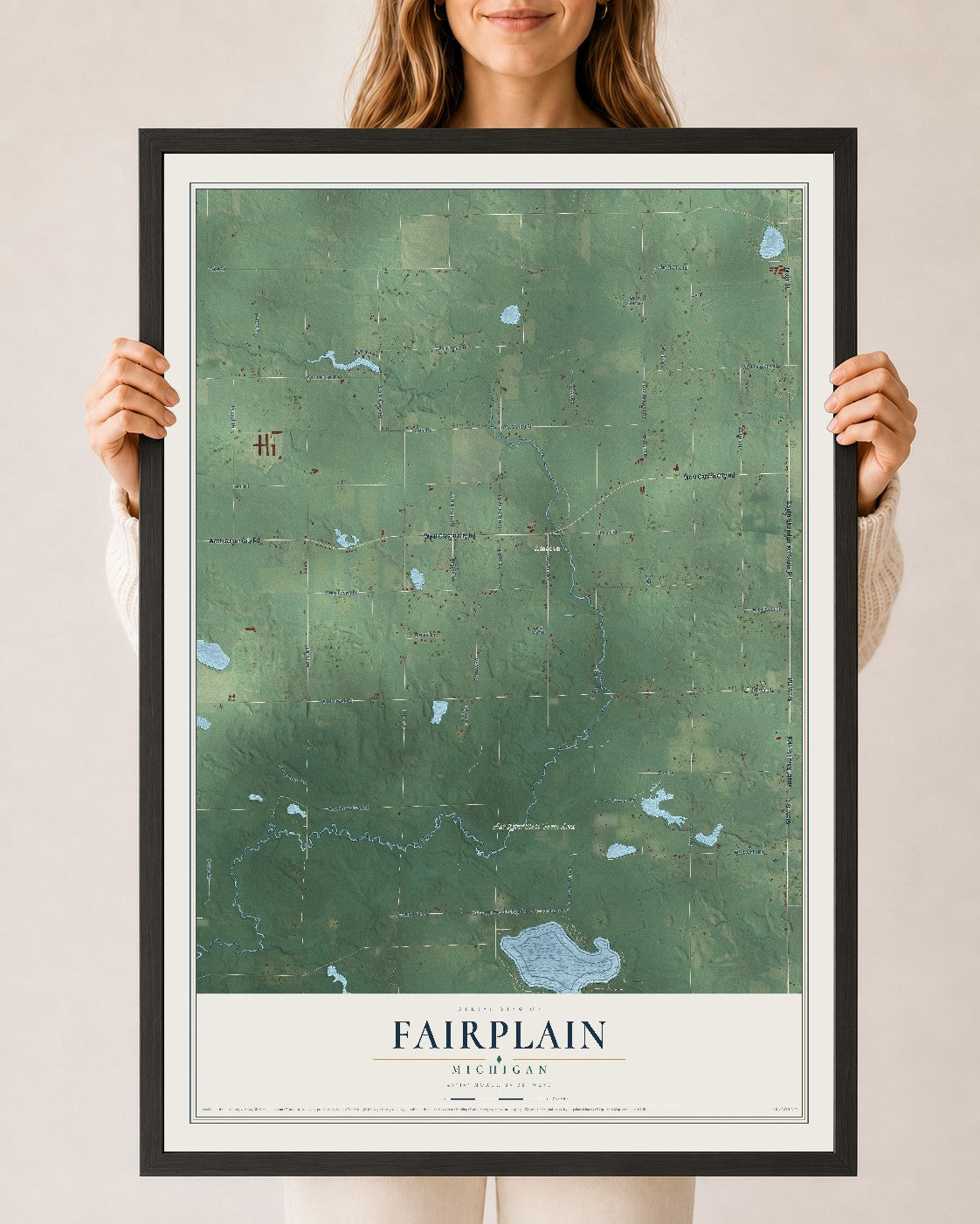 Map of Fairplain, Michigan, 24 x 36 inch print in a black wood frame