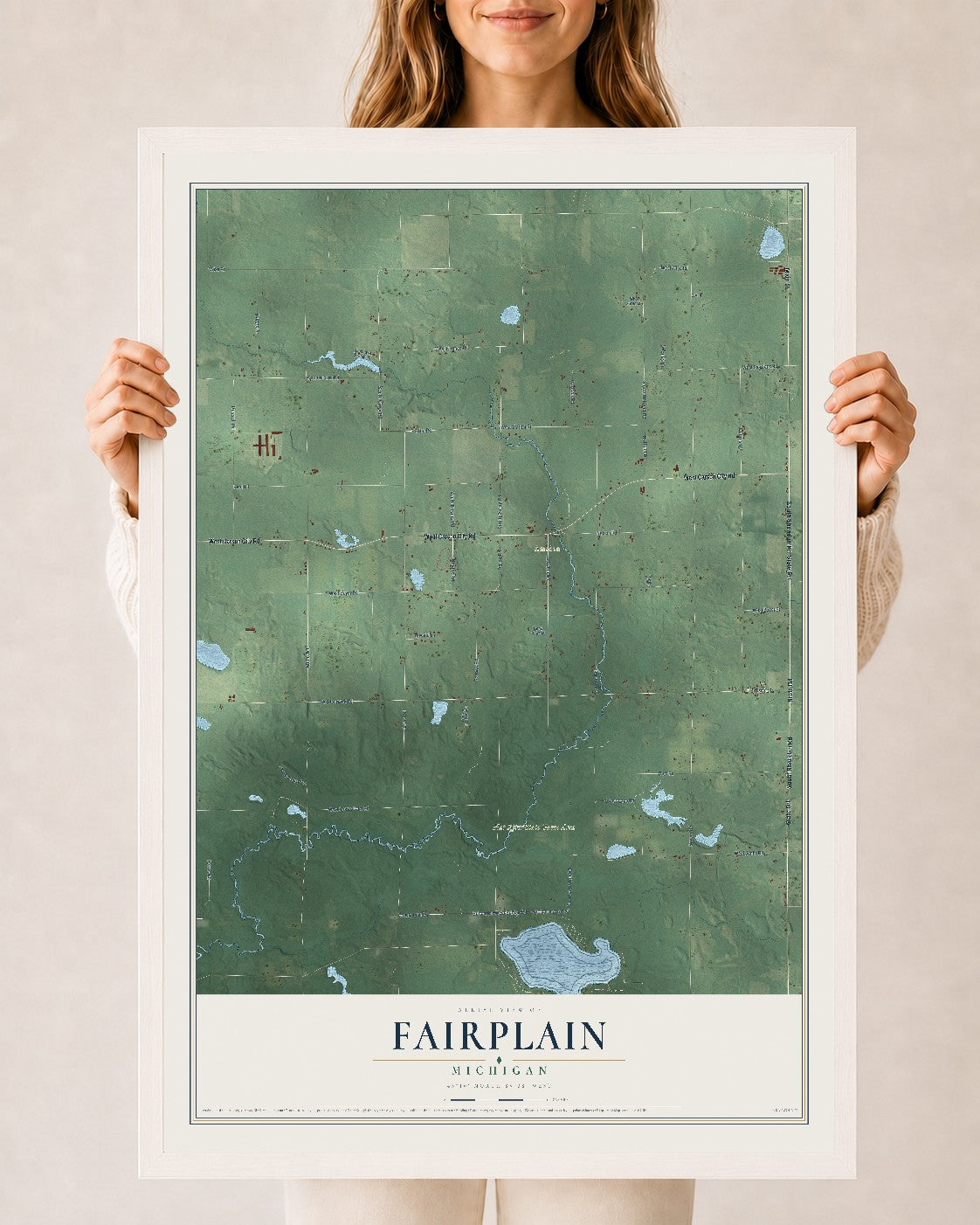 Map of Fairplain, Michigan, 24 x 36 inch print in a white wood frame